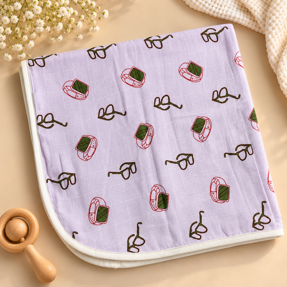 Lavender Glasses & Watch Muslin Dry Sheet