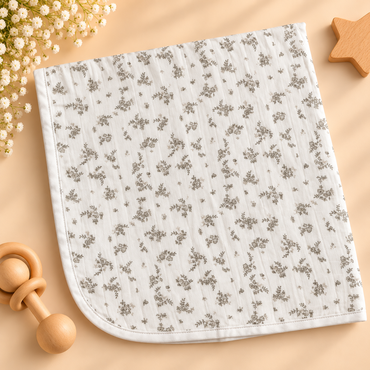 White & Grey Floral Muslin Dry Sheet