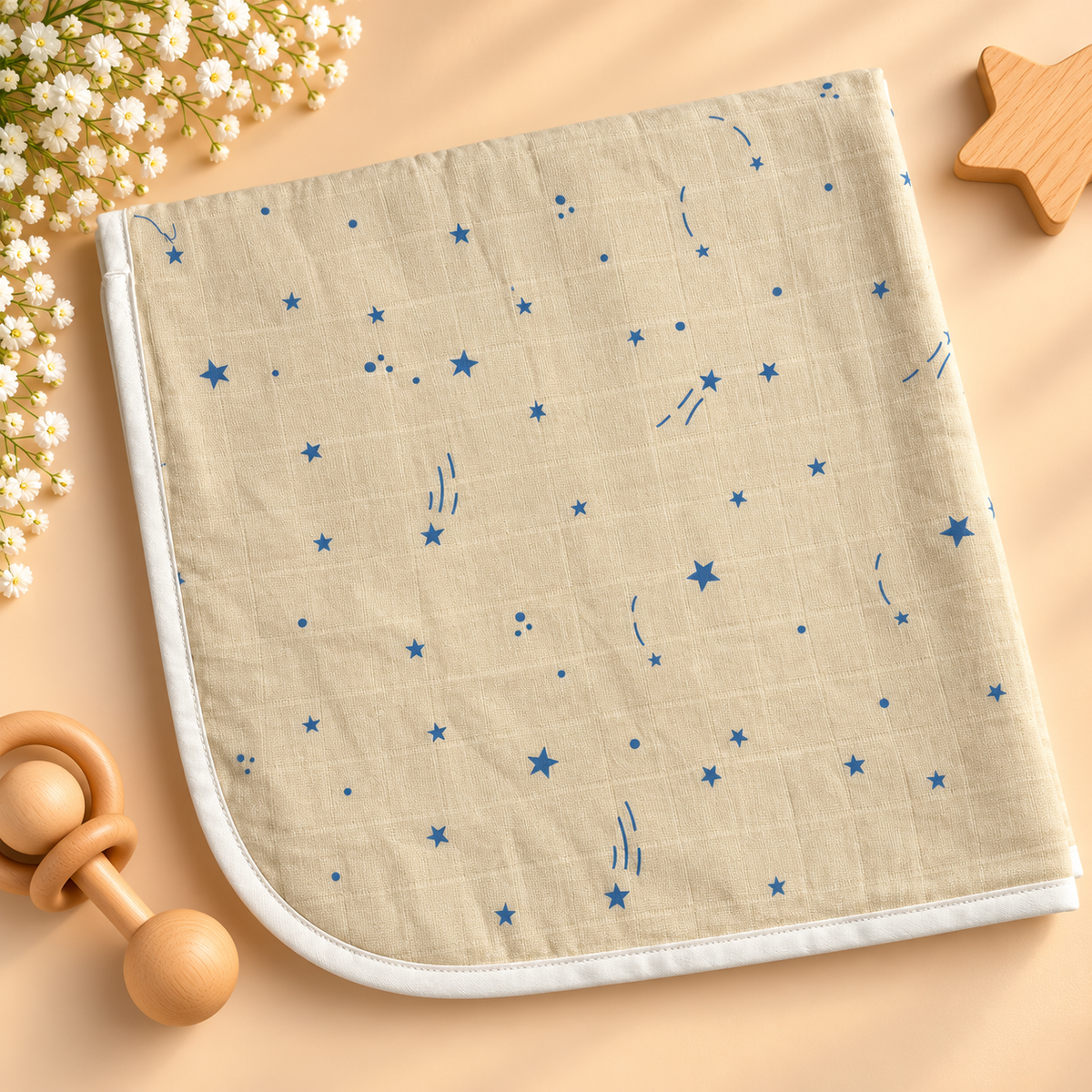 Cream & Blue Shooting Star Muslin Dry Sheet