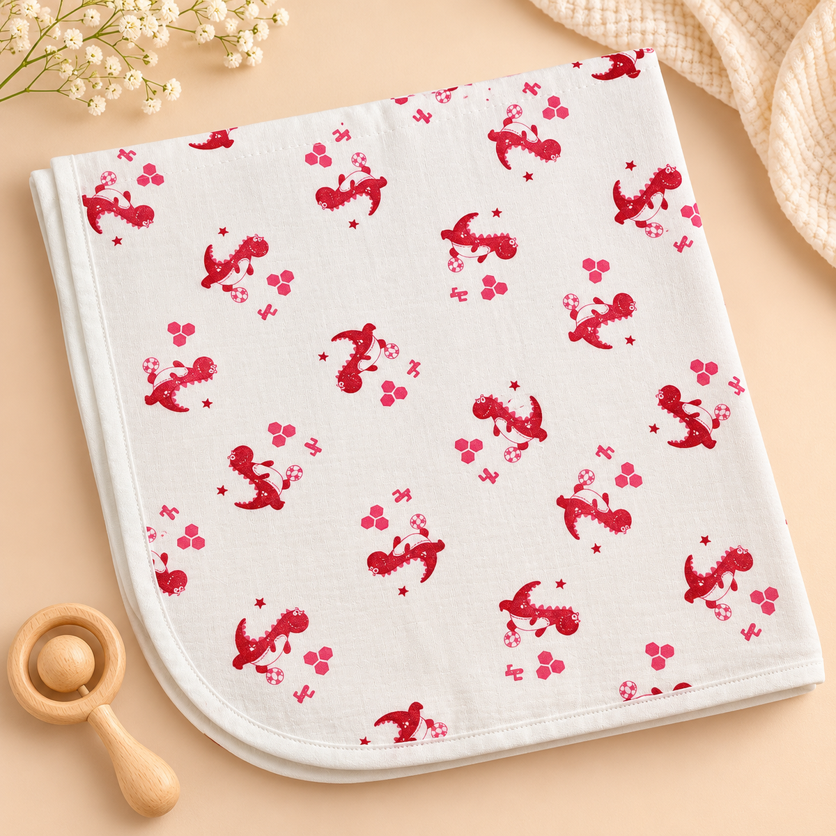 Red Dinosaur Muslin Dry Sheet