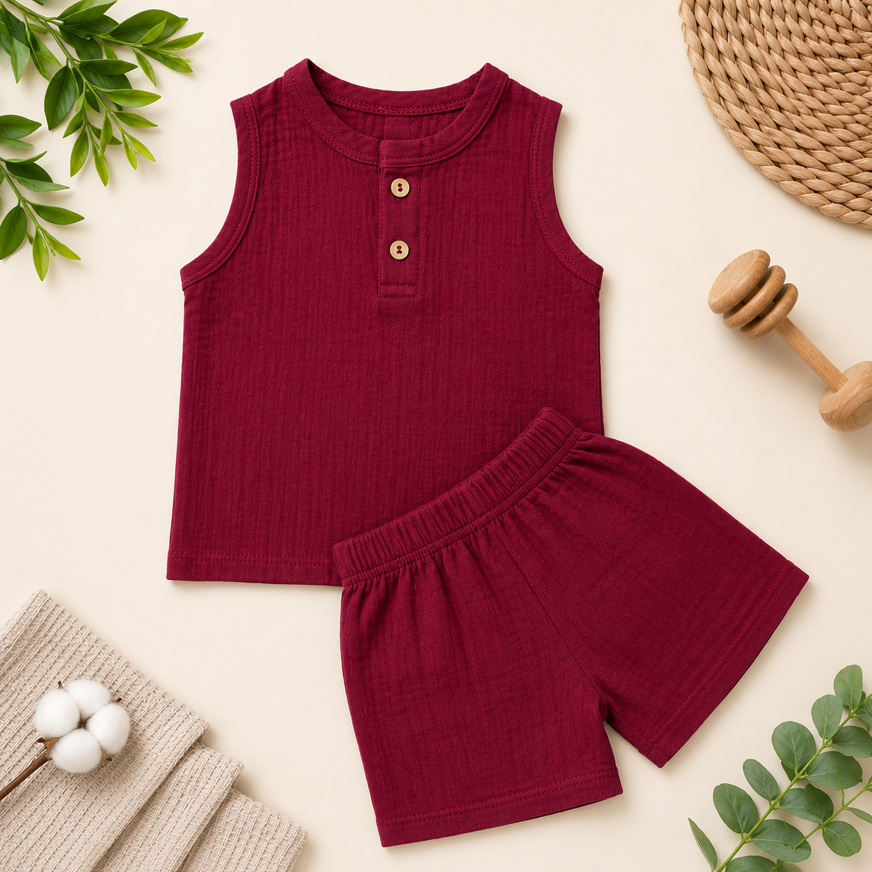 Cherry Wine Crinkled Shorts Set