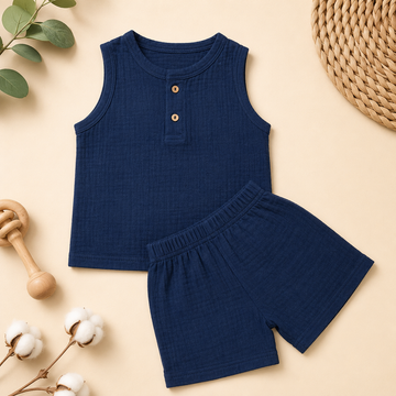 Navy Crinkled Shorts Set