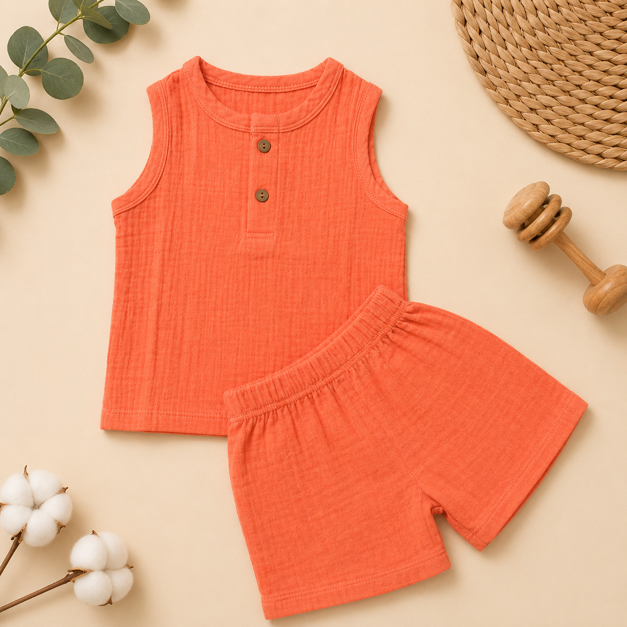 Coral Crinkled Shorts Set