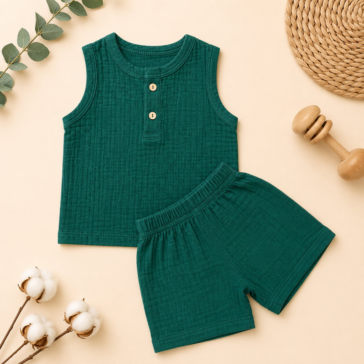 Forest Green Crinkled Shorts Set