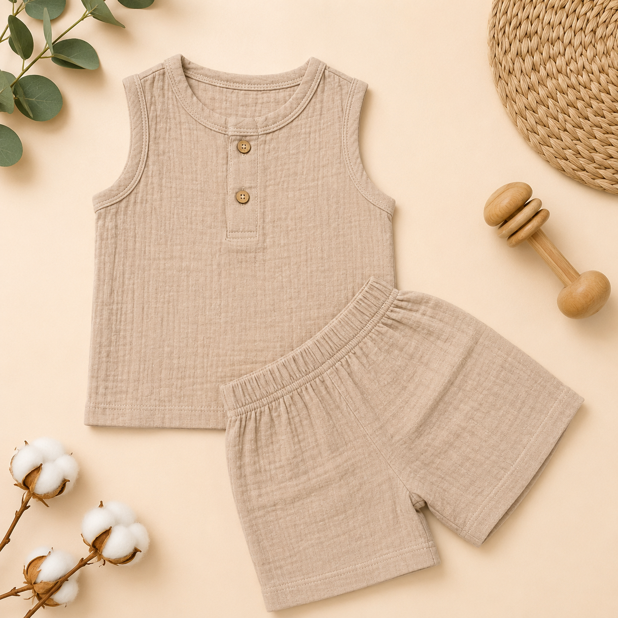 Desert Beige Crinkled Shorts Set