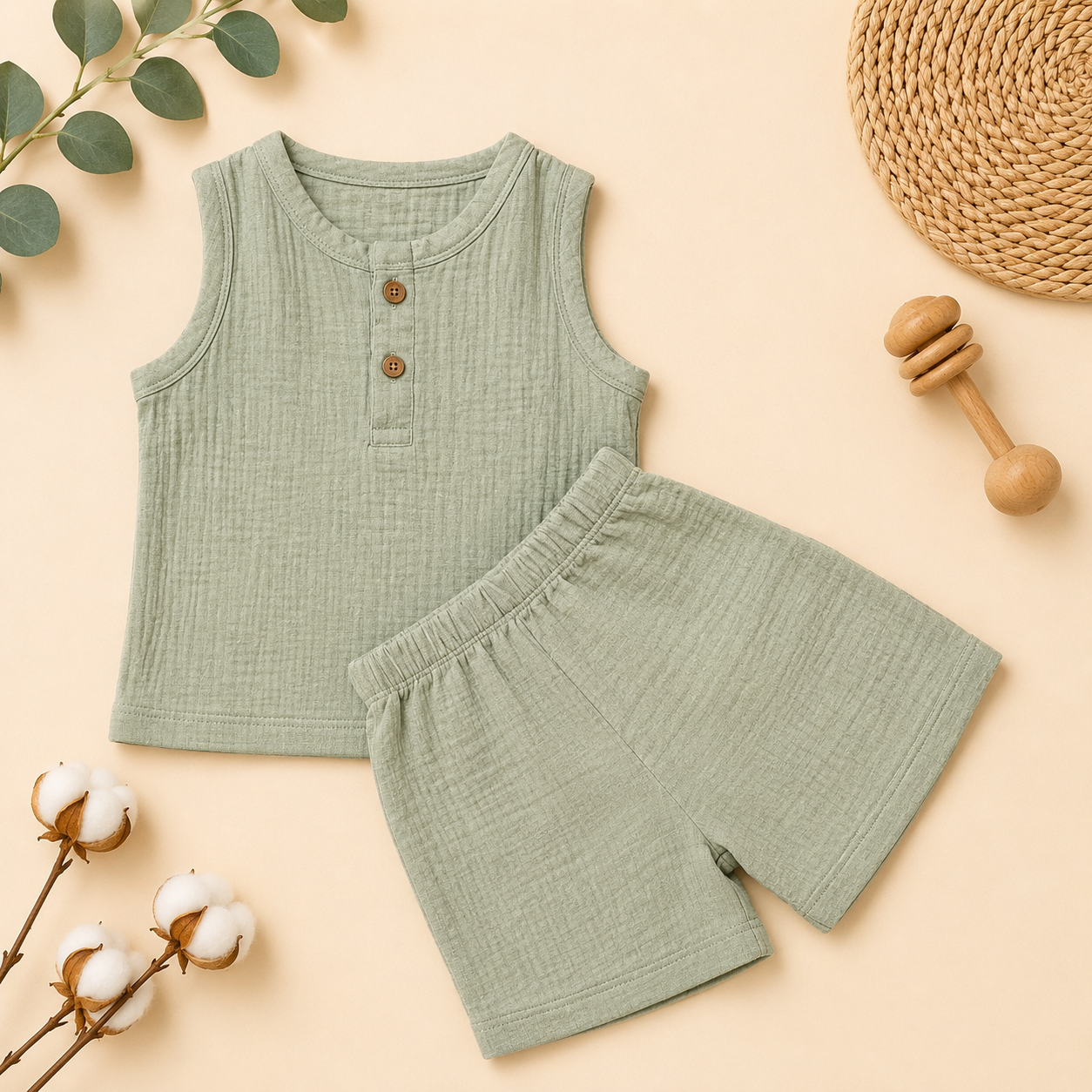 Sage Breeze Crinkled Shorts Set