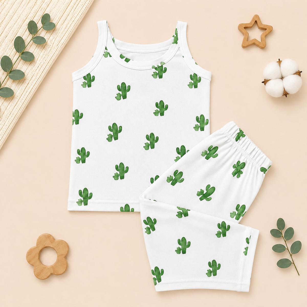 White & Green Cactus SL Night Suit