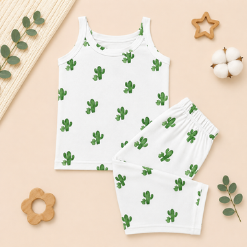 White & Green Cactus SL Night Suit