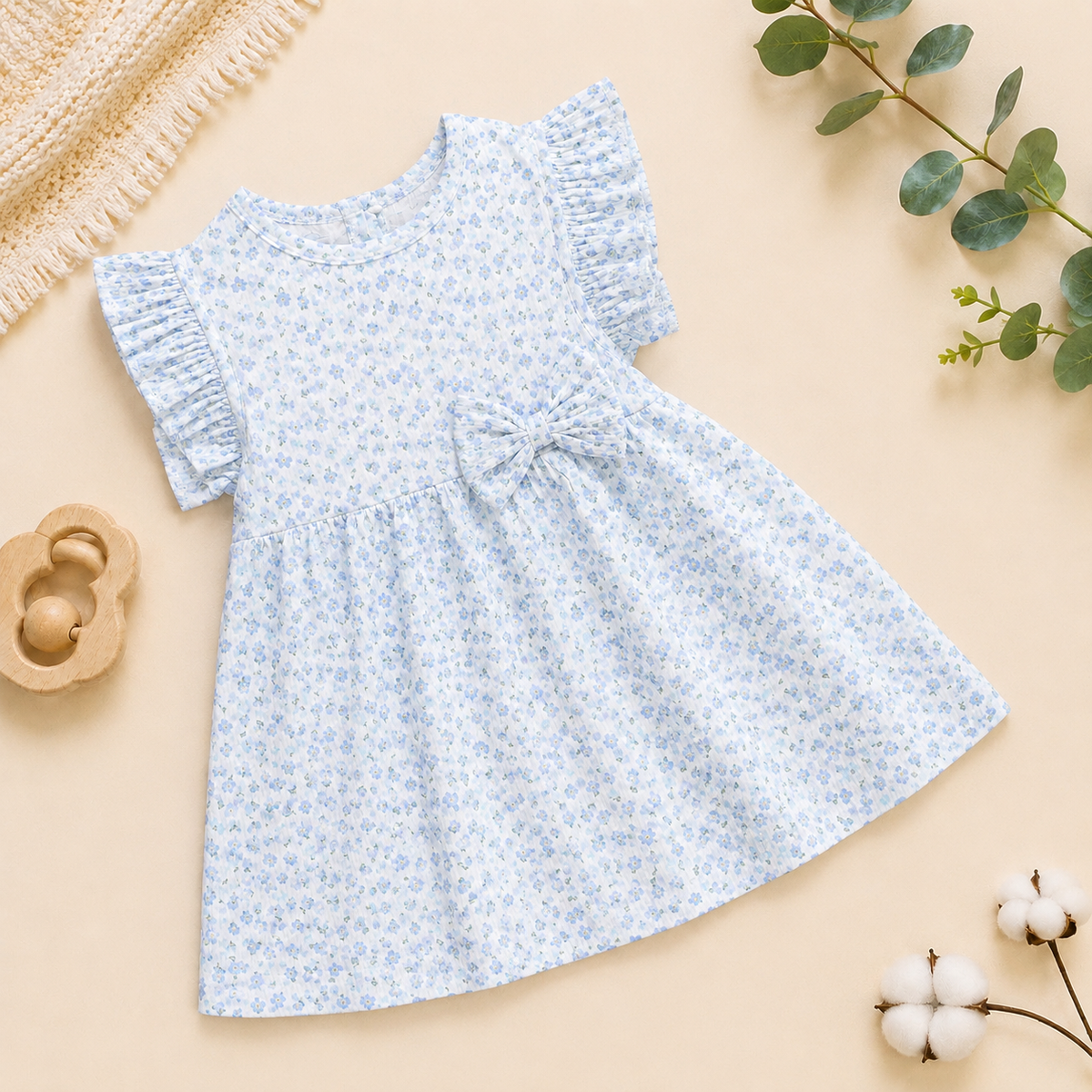 Blue Tiny Floral Ruffle Sleeve Frock