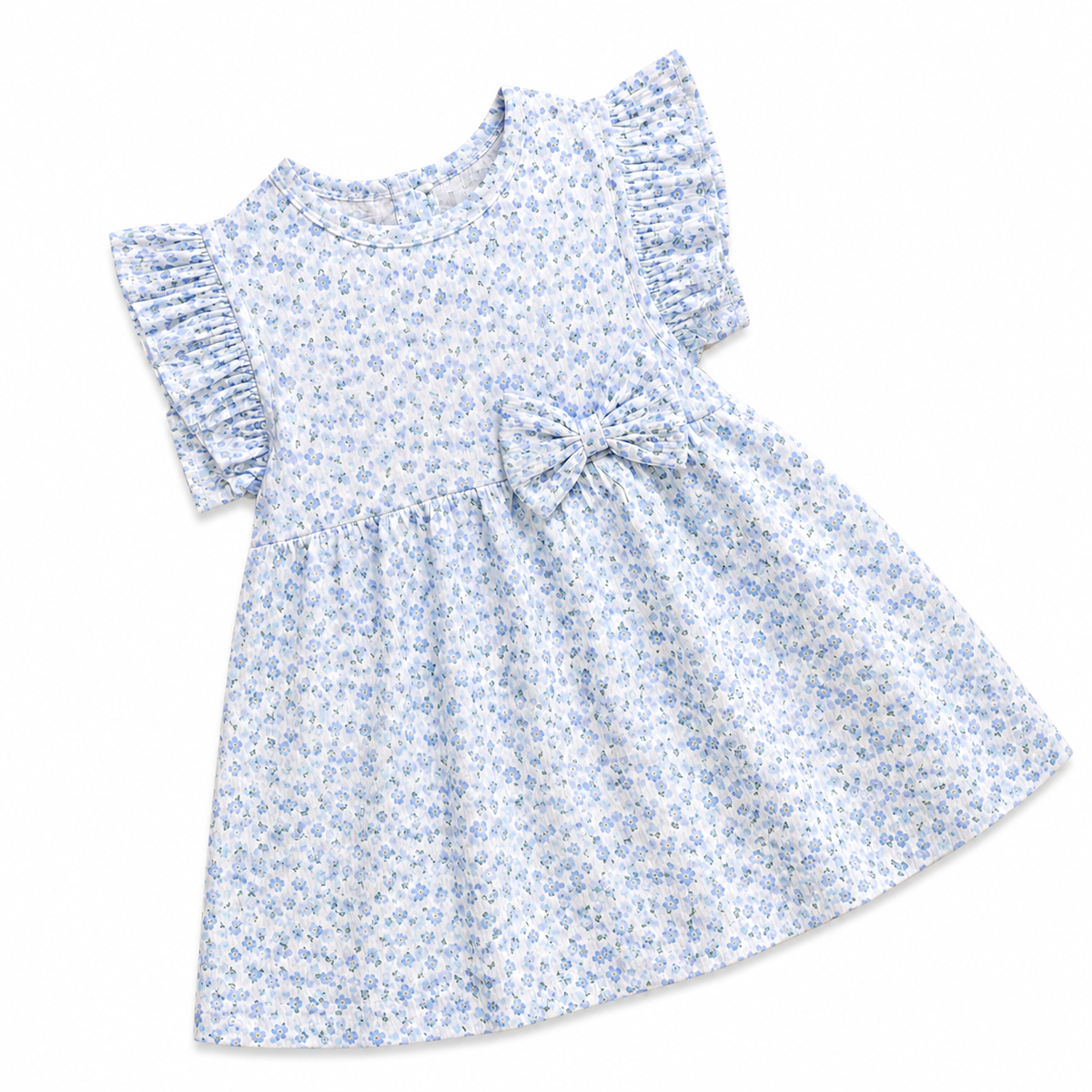 Blue Tiny Floral Ruffle Sleeve Frock