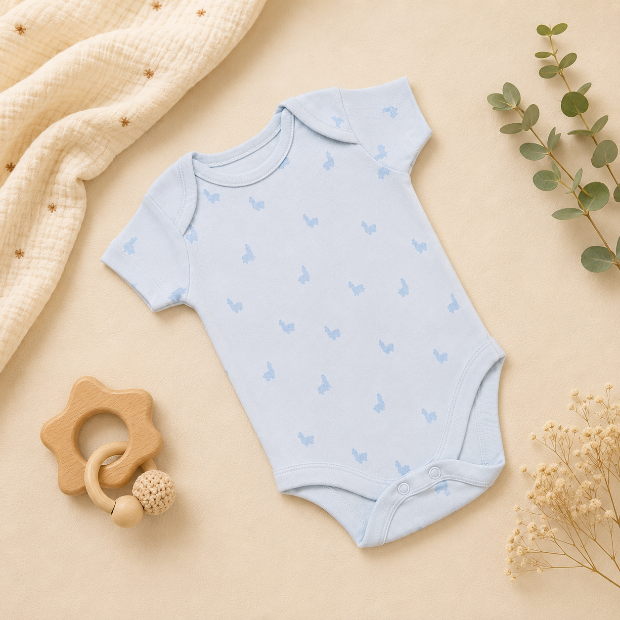 Blue Bunny Print Baby Onesie
