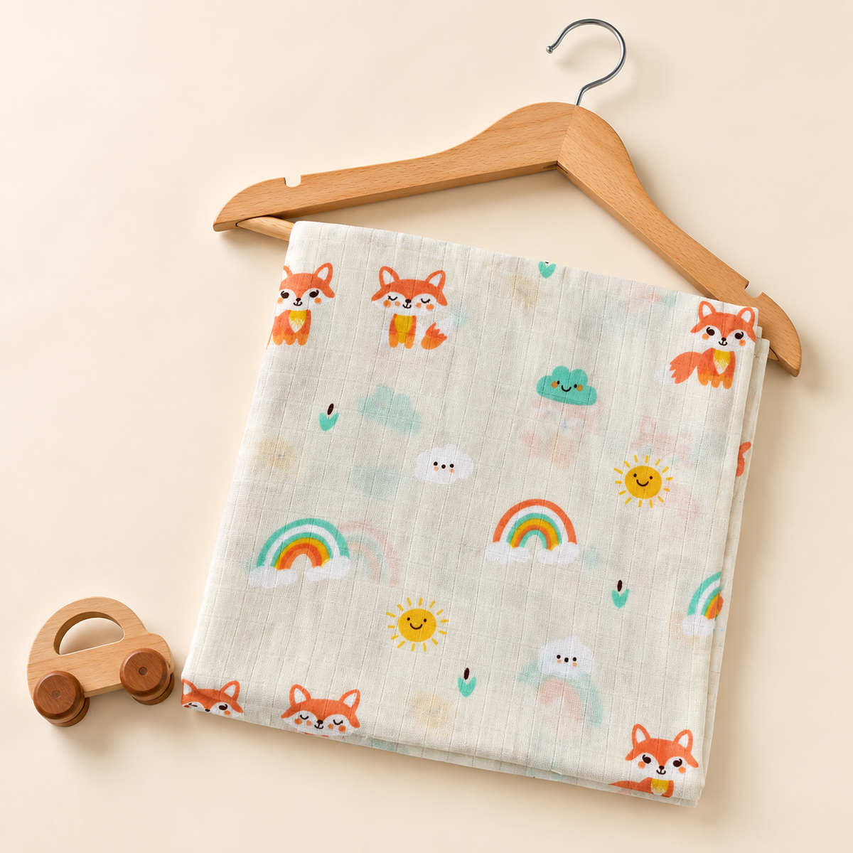 Cute Fox & Rainbow Muslin Swaddle