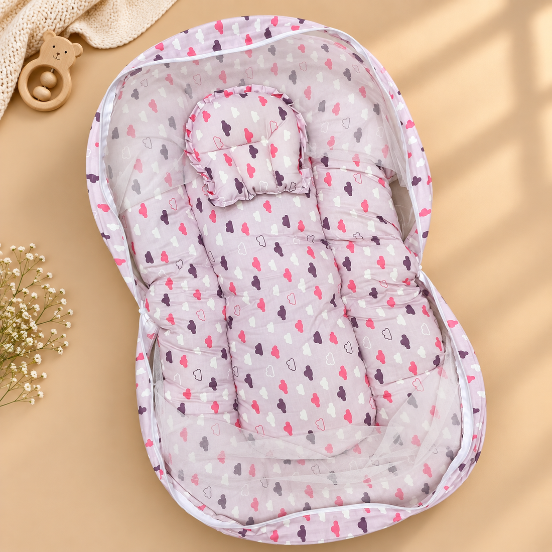 Pink Tiny Cloud Cotton Net Bed