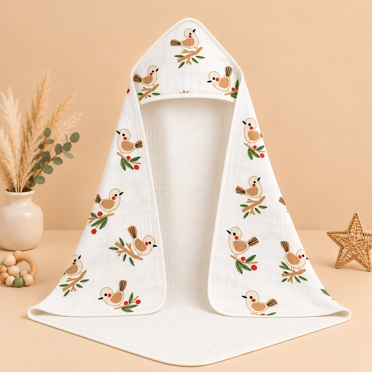 Brown Bird Muslin Hooded Towel