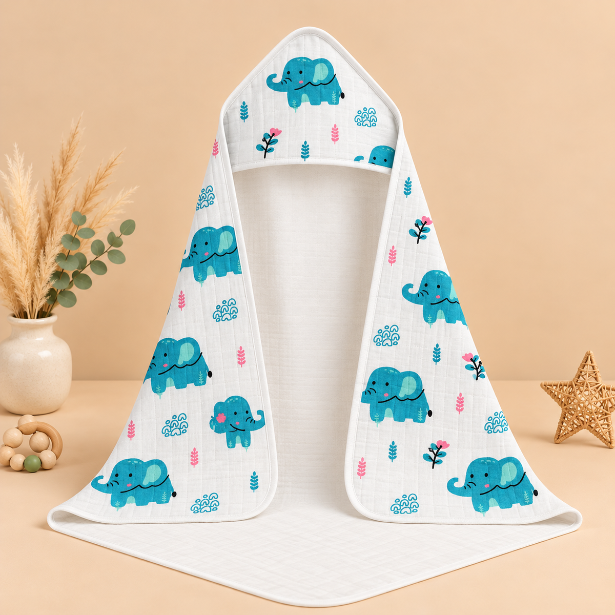 Blue Elephant Muslin Hooded Towel