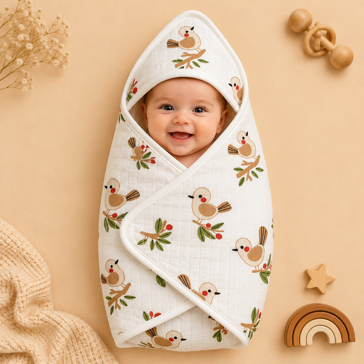 Brown Bird Muslin Hooded Towel