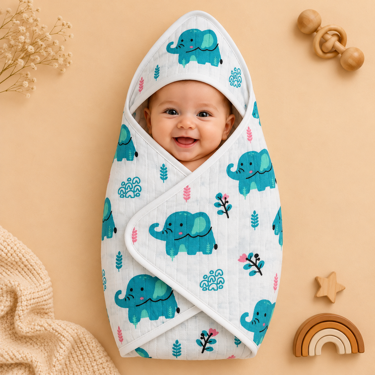 Blue Elephant Muslin Hooded Towel