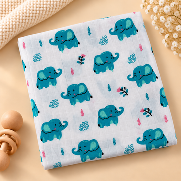 Blue Elephant Muslin Hooded Towel