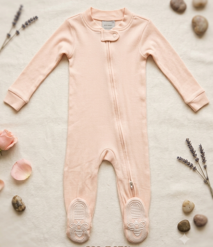 Peach Ribbed Footed Romper