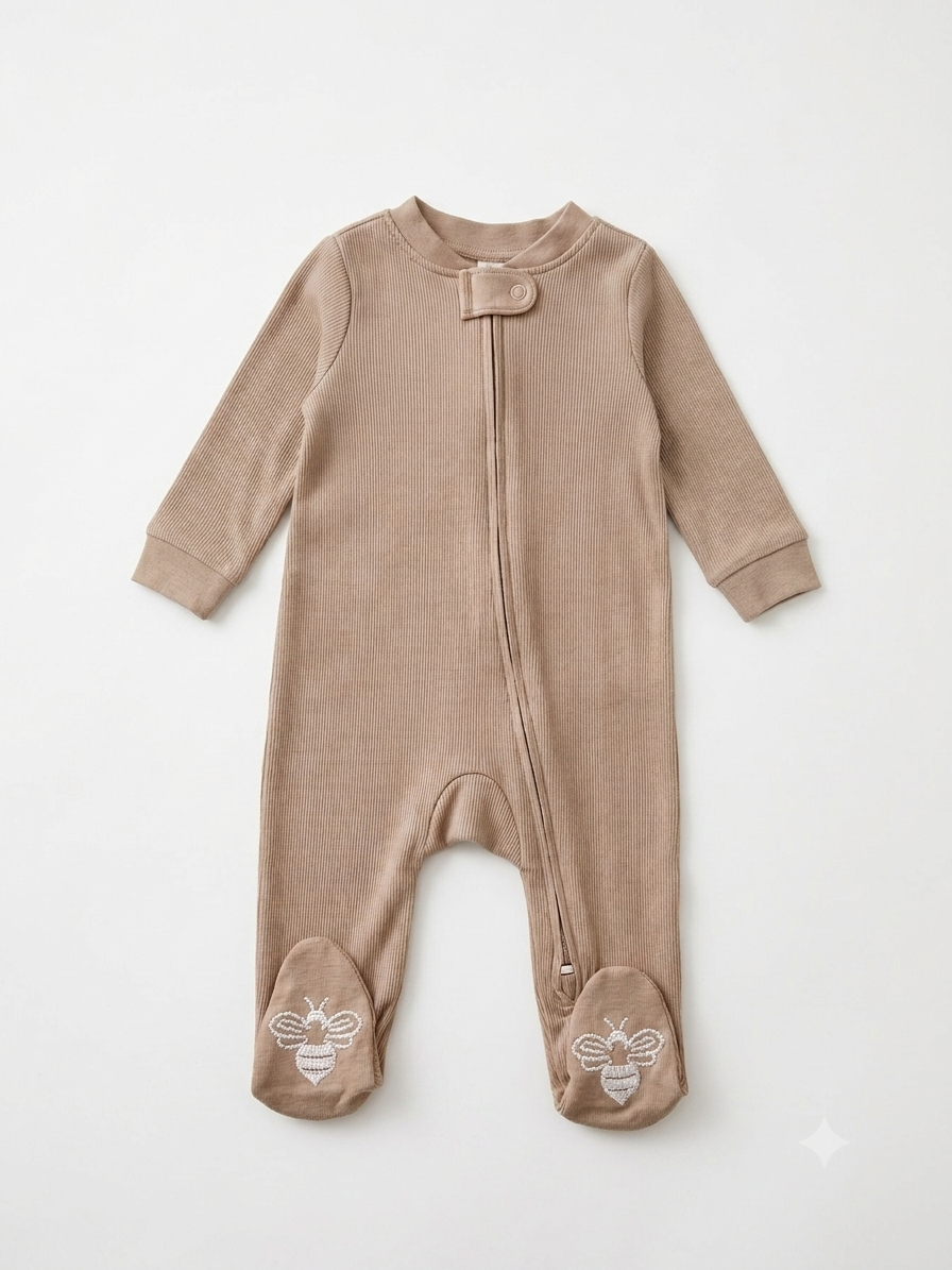 Beige Bee Ribbed Footed Romper