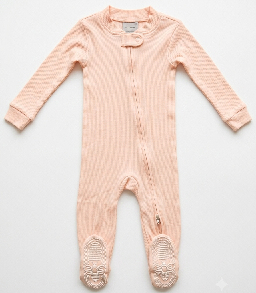 Peach Ribbed Footed Romper