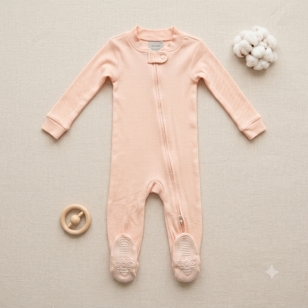 Peach Ribbed Footed Romper