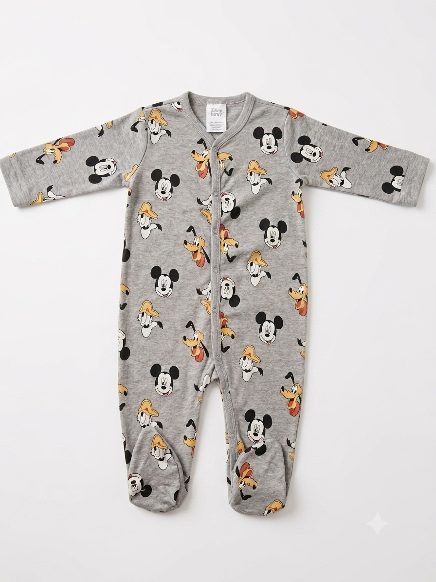 Grey Mickey Mouse & Pluto Printed Footed Romper