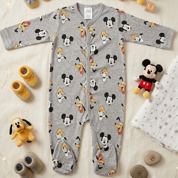 Grey Mickey Mouse & Pluto Printed Footed Romper