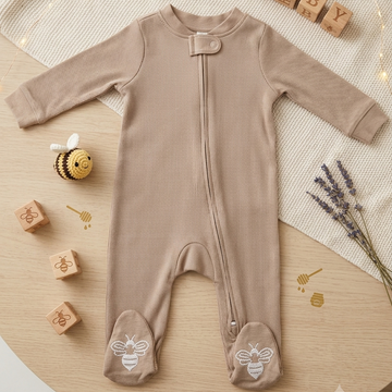 Beige Bee Ribbed Footed Romper