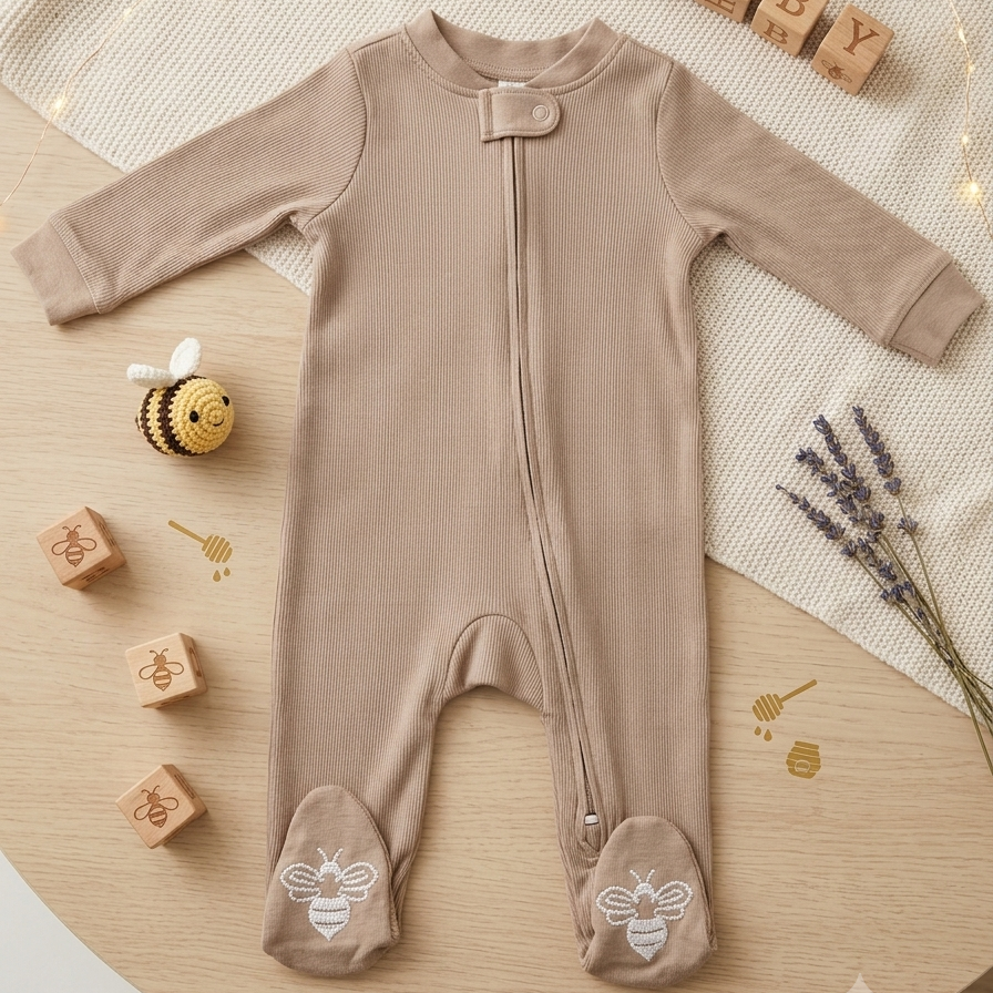 Beige Bee Ribbed Footed Romper